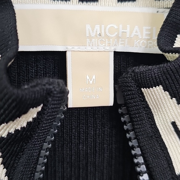 Nwot Michael Kors Black Ribbed Knit MK Logo Neckline Shortsleeve Zipfront Dress - Picture 4 of 17